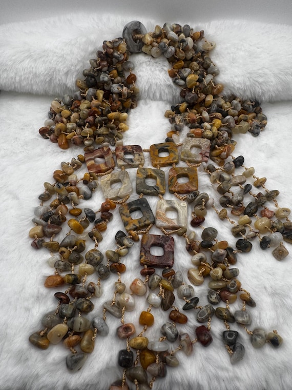Jasper Statement Necklace--Multi Strand Stone, Ha… - image 5