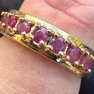 925 Sterling Silver Ruby Red Eternity Band Ring, Gold Vermeil Stackable Ring, July Birthstone, Vintage Sterling Silver Ring Gift for Her