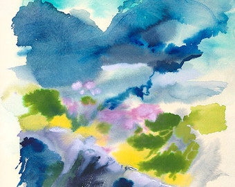 Cliff Watercolor Original Abstract  16 inches by 22 1/2 inches Giclee Print Blues Yellows and Pink