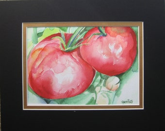 Tomatoes, Red Watercolor Painting Giclee Print, Kitchen Decor, by Karen Pratt 5X7 in 8X10 Double mat