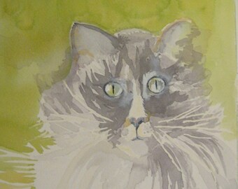 Gray Cat Watercolor on Arches Paper 10X14 inches by Karen Pratt Original  animal painting.