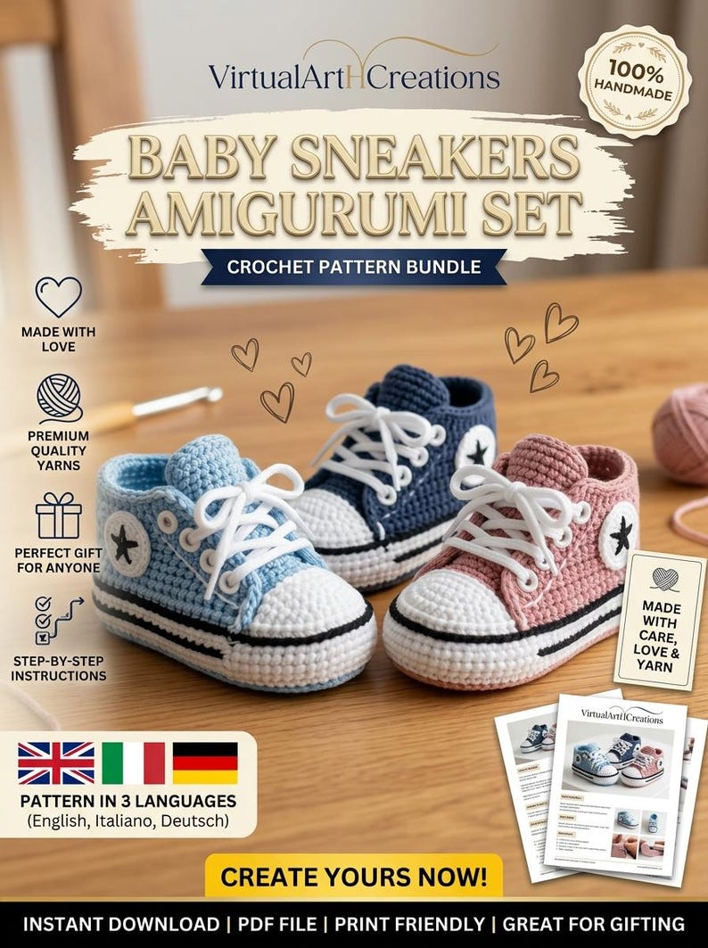 Baby Tennis Shoes Crochet Pattern PDF, Classic Star Ankle Patch Booties ...