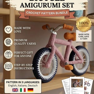May include: A crochet pattern bundle for a bicycle amigurumi set. The image features a pink crocheted bicycle with dark blue and white tires, orange handlebars, and a seat. Text includes VirtualArthCreations, Bicycle Amigurumi Set, and pattern details.