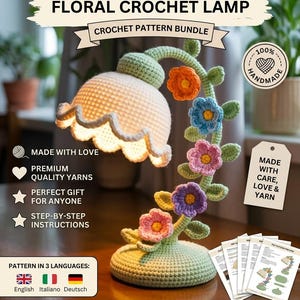 Könnte beinhalten: Ein Häkelanleitungs-Set für eine Lampe mit glockenförmigem Lampenschirm und einem Stiel, der mit bunten Blumen in Orange, Blau, Rosa und Violett verziert ist. Das Design umfasst einen hellgrünen Sockel und Stiel mit Blättern, als PDF-Datei.