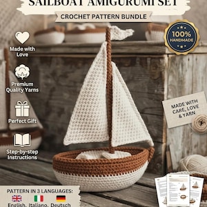 Padrão de crochê de navio, barco amigurumi em PDF, decoração náutica de veleiro, crochê em alta, padrão de amigurumi, brinquedo para sala de jogos, padrão de iate