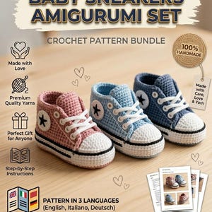 Baby Tennis Shoes Crochet Pattern PDF, Classic Star Ankle Patch Booties, Digital Download Lace-Up Baby Footwear Tutorial | Crochet Patterns