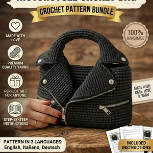 Puede incluir: Un bolso de ganchillo negro con forma de chaqueta de moto con cremalleras y botones a presión de metal plateado. El texto dice: VirtualArthCreations, MOTORCYCLE JACKET BAG, CROCHET PATTERN BUNDLE, MADE WITH LOVE, PREMIUM QUALITY YARNS, PERFECT GIFT FOR ANYONE, STEP-BY-STEP INSTRUCTIONS, 100% HANDMADE, MADE WITH CARE, LOVE & YARN, PATTERN IN 3 LANGUAGES: English, Italiano, Deutsch, INCLUDED INSTRUCTIONS, INSTANT DOWNLOAD | PDF FILE | PRINT FRIENDLY | GREAT FOR GIFTING, CREATE YOURS NOW!