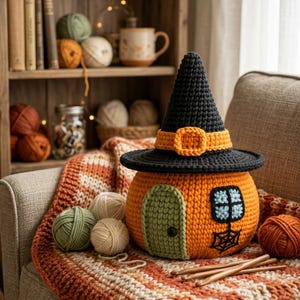 May include: A crocheted pumpkin house wearing a black witch hat with an orange band and buckle. The pumpkin features a green door, a blue-paned window, and a black spiderweb design. It sits on a striped blanket with yarn balls and crochet hooks.