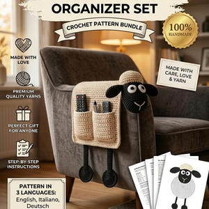 Patrón PDF para organizador de reposabrazos con forma de oveja a crochet / Soporte para mando a distancia de sofá / Organizador de sofá / Cesta de crochet / Almacenamiento de hilo / Organizador de revistas y teléfono