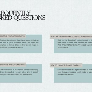 May include: A digital document with the title "FREQUENTLY ASKED QUESTIONS" in black font. The document provides instructions on editing, downloading, printing, and sharing a template from Canva. The text is displayed on a light gray background with blue-green rectangular boxes.
