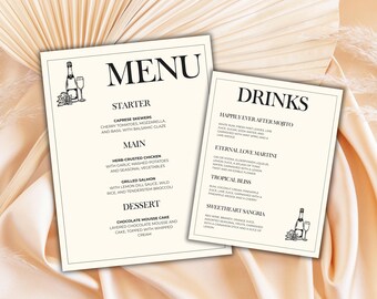 Modello di menu per cibo e bevande per matrimoni / Modello Canva modificabile (download digitale)