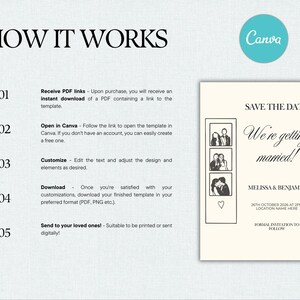 May include: A wedding invitation template with the text "Save the Date, We're getting married!" and the names Melissa & Benjamin. The design includes three small photo frames and a Canva logo.