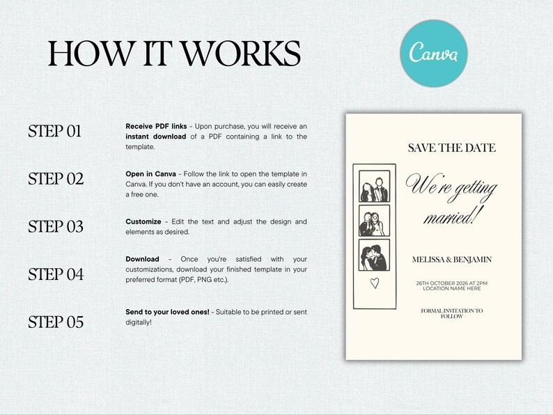 May include: A wedding invitation template with the text "Save the Date, We're getting married!" and the names Melissa & Benjamin. The design includes three small photo frames and a Canva logo.