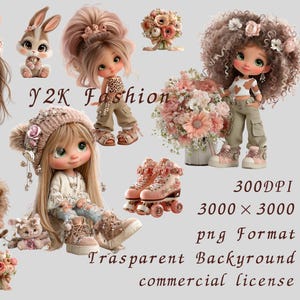 Könnte beinhalten: Digitale Illustration mit mehreren Puppen und Plüschtieren im Y2K-Fashion-Thema. Die Puppen tragen trendige Outfits und Accessoires, darunter ein Skateboard, Rollschuhe und Blumensträuße. Der Text "Y2K Fashion" ist ebenfalls enthalten.