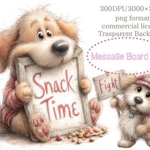 Puede incluir: Ilustración caprichosa de dos perros de dibujos animados. Uno sostiene un letrero que dice "Snack Time", el otro "Fight!". La imagen está etiquetada como "Message Board Art" y tiene un fondo transparente.