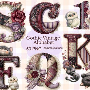50 Gothic Vintage Alphabet Clipart, Floral Patchwork Letters & Numbers, Black Cat and Owl PNG, Halloween  – For Vintage Lovers