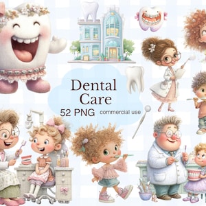 Könnte beinhalten: Eine Sammlung digitaler Illustrationen mit einer lächelnden Zahnfigur, einem Zahnarztpraxisgebäude, einem Zahnarzt und Kindern beim Zähneputzen. Der zentrale Text lautet Dental Care 52 PNG commercial use und zeigt verschiedene Szenen der Zahnpflege.