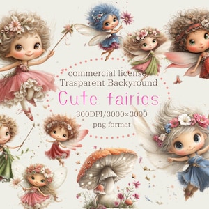 May include: A digital illustration featuring several cute fairies with large eyes, wings, and floral accents. The fairies are dressed in various pastel-colored dresses and are surrounded by flowers and a mushroom. Text reads "Cute fairies".