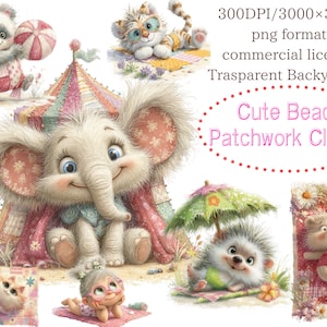 Cute Beach Patchwork Clipart 41 PNG Tropical Summer Animal Vacation High Res Watercolor Art Girl Teepee Parasol Beach Mat Commercial Use