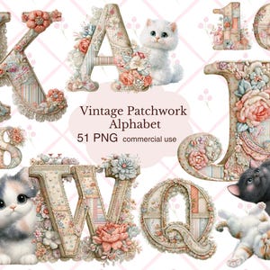 Peut inclure: Une collection numérique de lettres et de chiffres avec un motif patchwork, des accents floraux et des détails en dentelle. L'ensemble comprend des illustrations de chatons dans diverses poses et le texte Vintage Patchwork Alphabet 51 PNG.