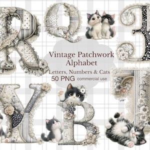 Könnte beinhalten: Eine digitale Sammlung von Buchstaben und Zahlen im Patchwork-Design mit Blumenmustern, Punkten und Spitzenakzenten, begleitet von Kätzchen-Illustrationen. Der Text lautet Vintage Patchwork Alphabet Letters, Numbers & Cats 50 PNG commercial use.
