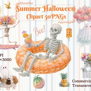 以下が含まれることがあります： スケルトン、ゴースト、カボチャを特徴とするサマーハロウィンのデジタルクリップアートコレクション。サーフィンをするスケルトン、飲み物を持ってオレンジ色の浮き輪に乗ったスケルトン、ゴースト、子供たちのイラストが含まれています。テキスト：Summer Halloween Clipart 50 PNGs。