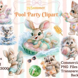 以下が含まれることがあります： 「79Summer Pool Party Clipart」と題された水彩画クリップアートセット。画像には、夏のアクティビティを楽しんでいる猫、コアラ、ウサギ、ハリネズミ、アライグマなど、さまざまな漫画の動物が描かれています。このセットには、透明な背景のPNGファイルが含まれています。