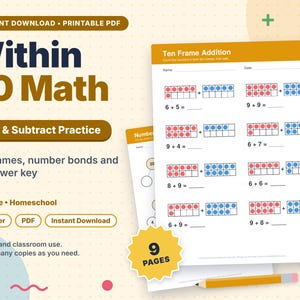 Può includere: Un set di schede di matematica in PDF intitolato Within 20 Math Add & Subtract Practice. Il documento presenta problemi di addizione con cornici da dieci, cerchi rossi e blu, legami numerici e una chiave di risposta. 9 pagine.