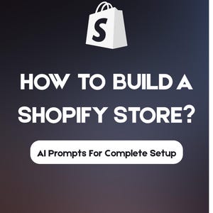 May include: A digital graphic featuring a white Shopify shopping bag icon at the top, followed by the text HOW TO BUILD A SHOPIFY STORE? and a white rounded rectangular button containing the text AI Prompts For Complete Setup on a dark gradient.