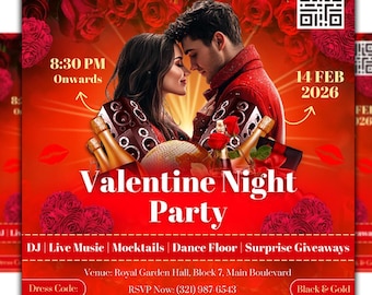 Valentine Night Party Flyer Vorlage, romantische rote Veranstaltungseinladung, bearbeitbare Canva, Club Flyer, DJ.
