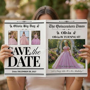 May include: A newspaper-style announcement with the headline "Olivia Big Day" and "The Quinceañera Times." It features photos of a woman in a pink gown, the text "SAVE the DATE," and "Olivia IS TURNING 15!" The date is December 29, 2027.