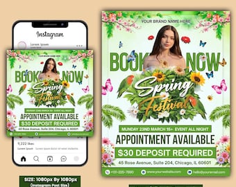 SpringBookingFlyer: Frühlingsbücher offen, Haare, Nägel, Wimpern, Zöpfe, Perücken, Makeup Bundle, MUA