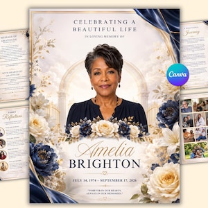 以下が含まれることがあります： 人物のポートレート、CELEBRATING A BEAUTIFUL LIFE、IN LOVING MEMORY OF、Amelia Brighton、1974年7月14日 - 2026年9月17日、FOREVER IN OUR HEARTS、ALWAYS IN OUR MEMORIESというテキスト、および花の装飾が施された葬儀プログラムのテンプレート。