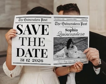 Quinceanera Save The Date Zeitung, Quince Photoshooting, Quinceañora Einladung, Sweet 15 Invite, digitaler Download