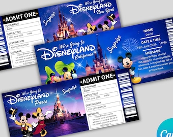 Disneyland Ticket Vorlage Canva, Überraschungsurlaub enthüllen Ticket, benutzerdefinierte Disney Ticket druckbare, wir gehen zum Disney Geschenk, sofort