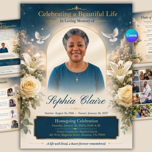 Może przedstawiać: Szablon programu pogrzebowego zatytułowany Celebrating a Beautiful Life in Loving Memory of Sophia Claire. Zawiera portret kobiety, białe lilie, róże i gołębie na niebiesko-złotym tle ze szczegółami wydarzenia oraz datami.