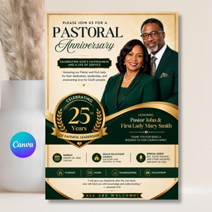 Mall för jubileumsflyer för pastor, kyrkans jubileumsprogram, flygblad för uppskattning av pastor, kyrkligt evenemang, redigerbar Canva A4-nedladdning