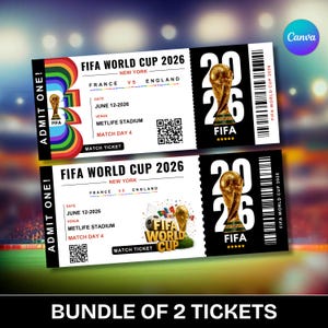 May include: Two FIFA World Cup 2026 tickets. Each ticket features the FIFA trophy, the text "FIFA WORLD CUP 2026", and details for the France vs. England match in New York on June 12. The tickets are black and white.