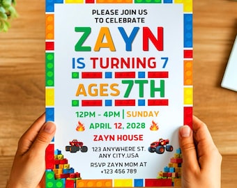 Bausteine Geburtstagseinladungsvorlage, bearbeitbare Canva Kids Party einladen, buntes Ziegelbauer Thema, druckbares 5x7 Digital