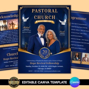 Può includere: Un modello di volantino per l'anniversario della chiesa in blu e oro con la foto di un uomo e una donna, il testo Pastoral & Church Anniversary, 20th Anniversary, Hope Revival Fellowship, i dettagli dell'evento e due colombe bianche su sfondo blu.