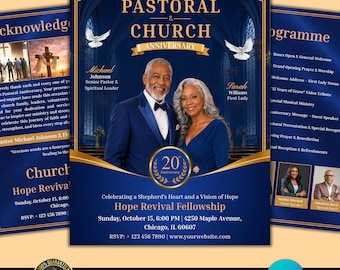 Pastorales Jubiläumsprogramm Vorlage, Jubiläumsprogramm der Kirche, Programm zur Anerkennung von Pastoren, Church Bulletin, 4-seitige, zweifach gefaltete Broschüre