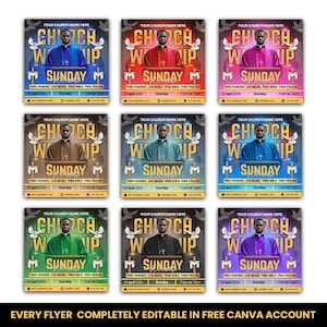 Puede incluir: Nueve folletos de iglesia con las palabras "Church Worship Sunday" en varios colores. Cada folleto presenta a una persona con una túnica, palomas y detalles del evento. La parte inferior de los folletos dice "EVERY FLYER COMPLETELY EDITABLE IN FREE CANVA ACCOUNT."