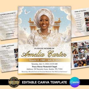 May include: A memorial service template featuring a portrait of a woman in a white and gold outfit. The design includes text that reads "In Loving Memory of Amelia Carter" with dates and service details. Additional pages show acknowledgements and order of service.