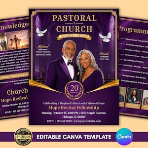 Puede incluir: Una plantilla de folleto para aniversario de iglesia en morado y dorado con un hombre en traje y una mujer en vestido, con texto que dice Pastoral & Church Anniversary, 20th Anniversary, Hope Revival Fellowship y detalles del evento del 15 de octubre.