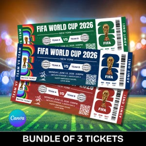 以下が含まれることがあります： FIFAワールドカップ2026のチケット3枚セット。各チケットは緑、青、赤の異なる色です。チケットにはFIFAのロゴ、試合の詳細、バーコードが記載されています。「ADMIT ONE!」の文字が右側にあります。