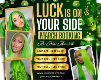 März St. Patrick's Day Angebot Flyer, Haare, Perücke, Wimpern, Nägel, Zopf, MUABooking Flyer, Canva