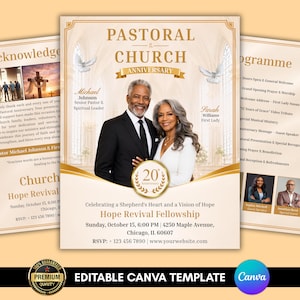 May include: A beige and gold church anniversary flyer template featuring a photo of a smiling couple. The text includes "Pastoral & Church Anniversary", event details, and "Editable Canva Template".