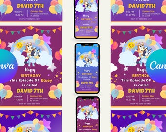 Bluey und Bingo Geburtstagseinladungsvorlage, bearbeitbare Kindereinladung, Jungenpartyeinladung, sofortiger Download