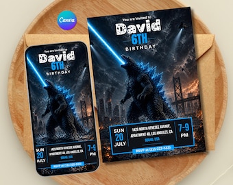 Godzilla Geburtstagseinladung Vorlage, Monster Party einladen, Blaues Blitz-Thema, Kinder Geburtstag im Comic-Stil einladen, digitaler Download