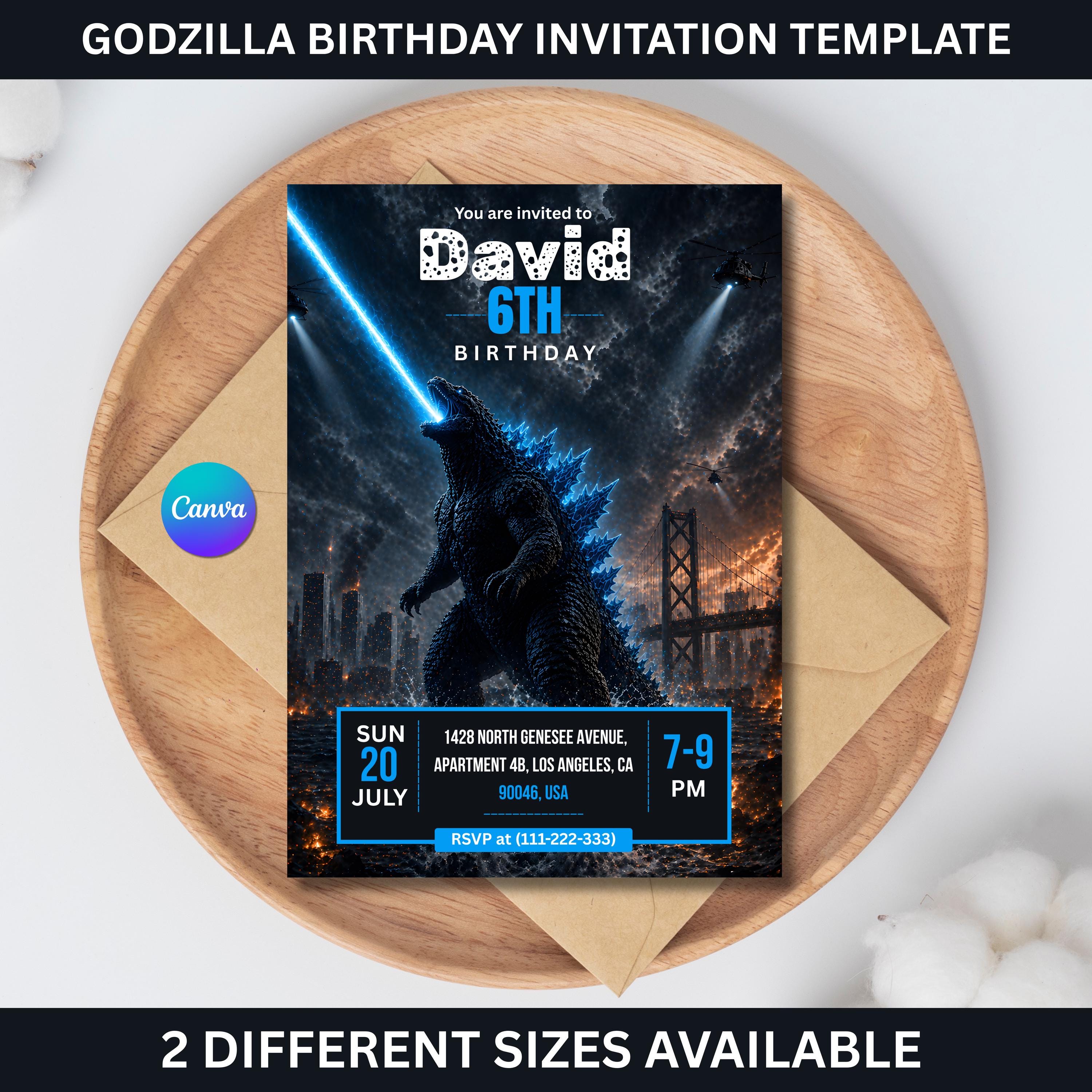 Godzilla Invites Godzilla Birthday Invitation Template, Monster Party Invite, Blue ...